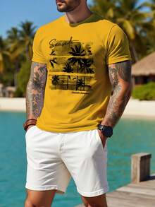 Genlund Men's Minimalist Printed Round Neck Short Sleeve T-Shirt - Yellow - View 7