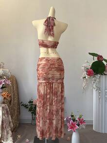 SuriyaCove Conjunto de 2 piezas con top halter sin espalda con estampado total y falda plisada para mujer - Albaricoque - Ver 2