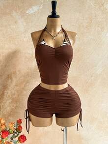 Soleia Women's 2 In 1 Ruched Halter Tie Top And Shorts Casual Daily 2-Piece Set - Brown - View 4