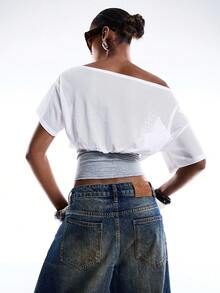 LYSMO 女士数字图案不对称肩部系带腰身设计时尚衬衫 - 灰色 - 查看 2