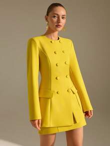 CLARA VERO Women's Round Neck Long Sleeve Waist Cinched Front Button Blazer & Skirt Suit Set - Yellow - View 6