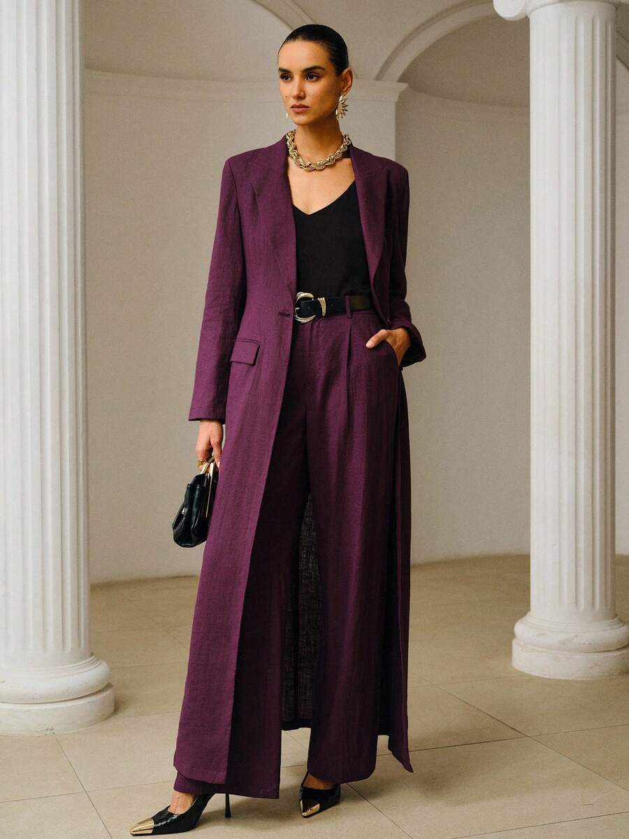 ZEYLAH 100% Ramie Long Light Weight Trench Coat, Elegant, Spring/ Summer, Linen - Purple - View 1