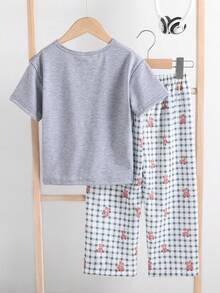 Set pigiama da ragazzo stile coreano casual, maglietta con taschino a quadri con stampa orsetto, pantaloni con stampa orsetti all-over - Verde Oliva - Visualizzare 2