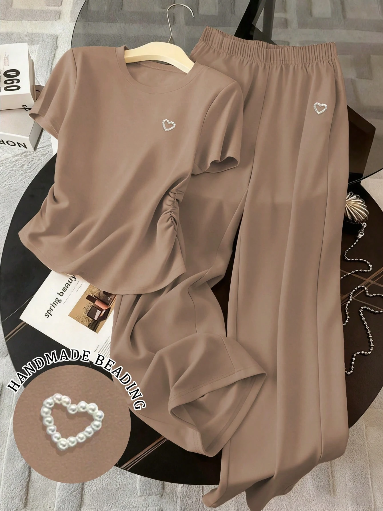 Resyla Women’S Heart Print Round Neck Short Sleeve Pleated T Shirt And Pants