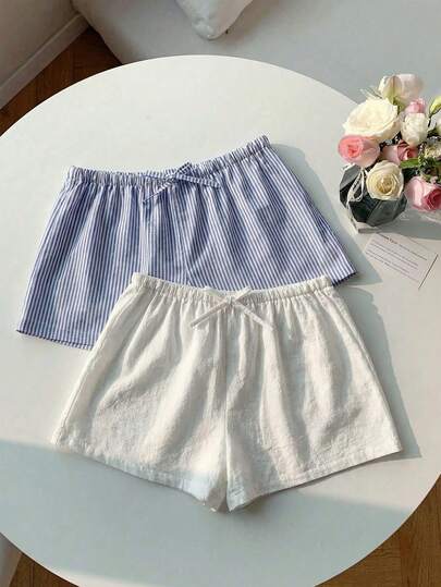 2pcs/Set Tween Girls Casual Striped Loose Linen Cotton Blend Shorts, Suitable For Beach, Vacation, Home, Versatile, Spring/Summer