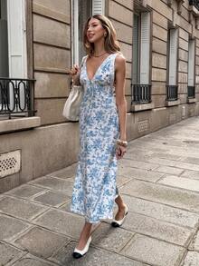 SHEIN PariChic French Toile Blue & White Print Long Dress - Deep Plunging V-Neck With Lace Trim, Tie Front, Flowy Romantic Chic Vacation Sundress - Multicolor - View 1