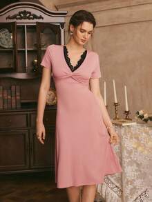 Women's Contrast Lace Twist Design Short Sleeve Elegant Nightgown - Dusty Pink - View 5
