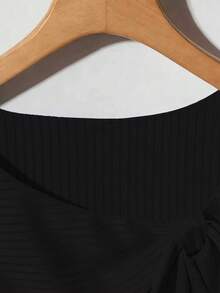 Camiseta casual de mujer de unicolor con diseño de botones y decoración de lazo en las mangas cortas - Negro - Ver 5