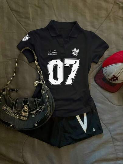 Glimmora 女士休闲数字印花短袖Polo衫