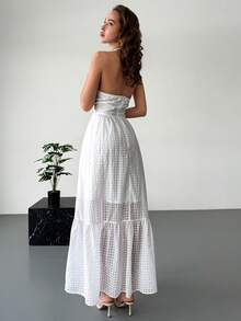 Aloruh 浪漫约会荷叶边白色格子连衣裙（女款） - 白色 - 查看 9