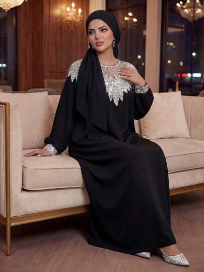 SHEIN Lady CURVE 大码女式优雅圆领亮片长袖连衣裙