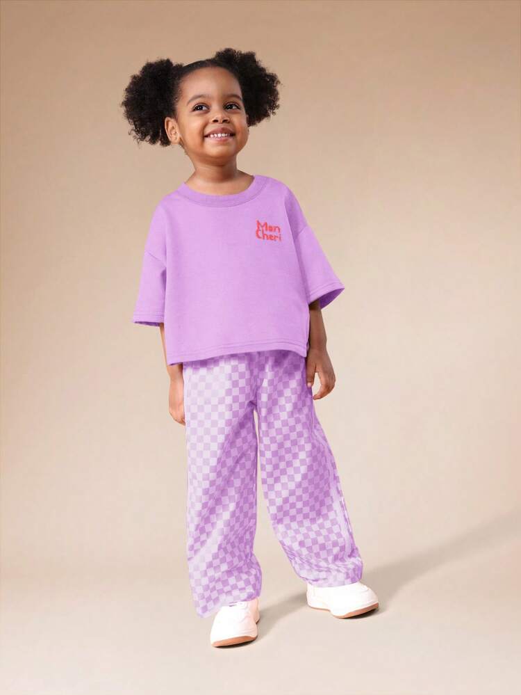 Ensemble coordonné décontracté deux pièces pour filles, haut et pantalon, motif damier cerise Mon Chéri, pour l'été et le printemps