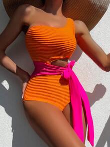 Swim SXY Áo tắm liền thân dệt kim jacquard không gọng, kiểu cổ yếm buộc dây, cạp cao, thích hợp cho kỳ nghỉ biển, phong cách thường ngày, mùa xuân/hè. - trái cam - Xem 1