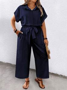 SHEIN LUNE CURVE Bộ áo liền quần nữ cỡ lớn, màu trơn, tay ngắn, cổ bẻ, thắt lưng, có túi, kiểu dáng thường ngày. - màu đen - Xem 1