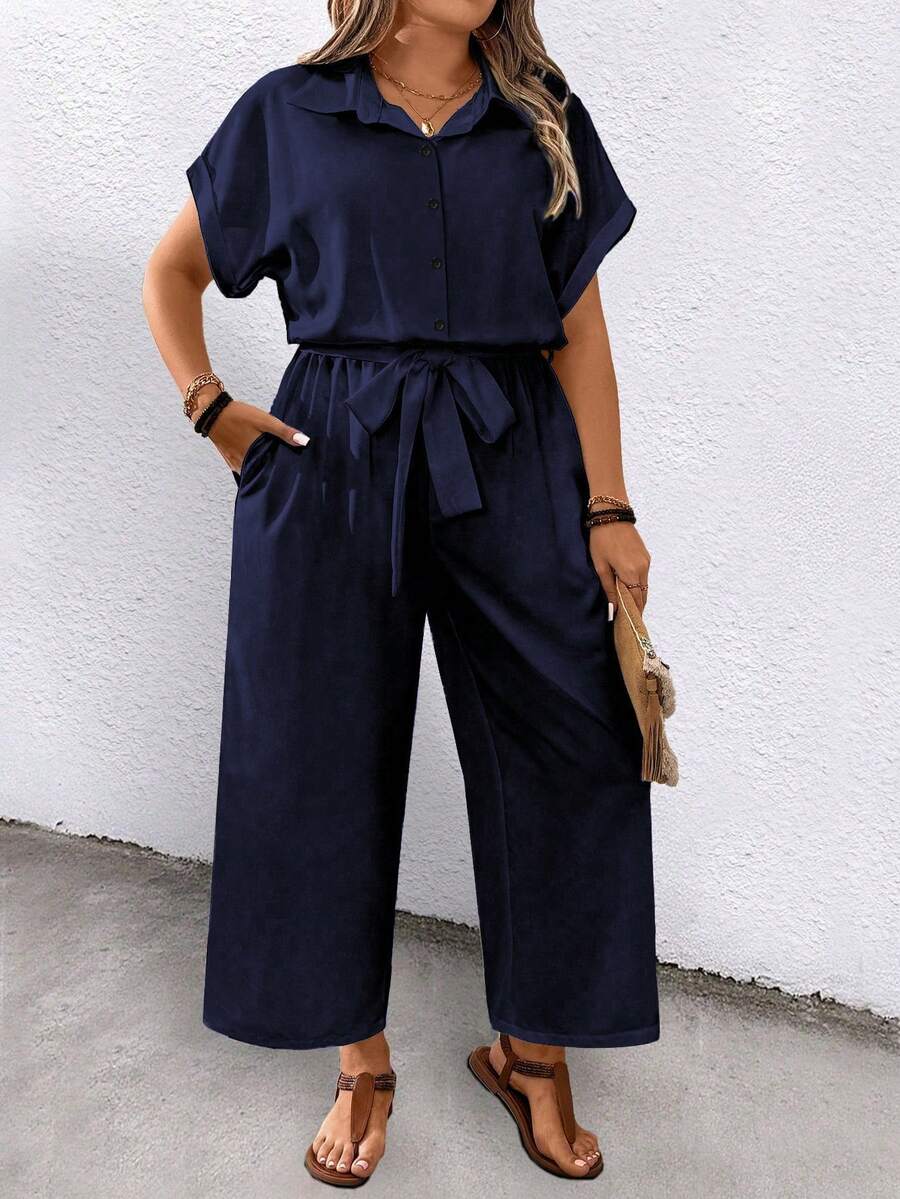 SHEIN LUNE CURVE Bộ áo liền quần nữ cỡ lớn, màu trơn, tay ngắn, cổ bẻ, thắt lưng, có túi, kiểu dáng thường ngày. - màu đen - Xem 1