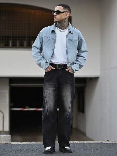 Devon Thys جاكيت جينز قصيرة كاجوال بأكمام طويلة وياقة منسدلة للرجال باللون الأزرق الفاتح