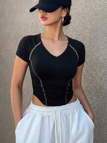DAZY 女士半拉链立领短袖修身露脐休闲运动T恤 夏季 - 黑色 - 查看 5