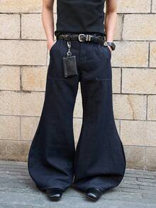 Manfinity EMRG Men's Casual Fashion Street  Solid Color Slant Pocket Flared Jeans, Belt Not Included - Dark Wash - View 3