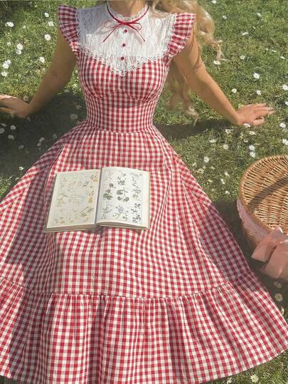 SHEIN MOD 女士蕾丝领格子短袖连衣裙