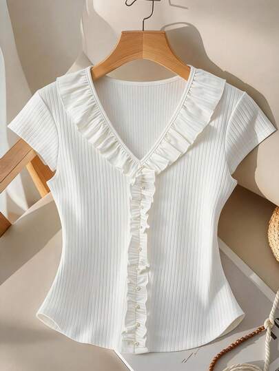 GlowEve CURVE Plus Size Women Summer Unique Ruffle V-Neck Fitted Icy Silk Knit Top, Design-Focused Short Sleeve T-Shirt