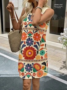 Sylviya Women's Casual Sleeveless Printed Short Vacation Dress, Summer Dress, Vacation Outfit, Bohemian Style Dress, Strapless Dress, Shirt Dress - Multicolor - View 4