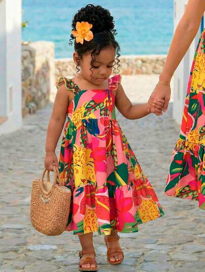 SHEIN Baby Girl Woven Floral Ruffle Trim Square Neck Casual Dress