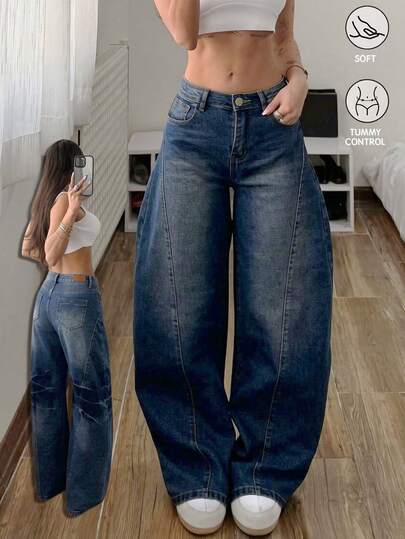 Jeans de corte Barrel con elasticidad de cintura media de color azul oscuro para mujer, pantalones que levantan las nalgas