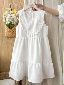 SHEIN Girls' Sleeveless Elegant And Fashionable Simple Dress, Suitable For Outdoor Travel And Vacation Wear - White - View 3