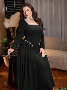 Modelyn Elegantes einfarbiges Kleid mit quadratischem Ausschnitt, Langarm, Perlendekor an der Taille, Chiffon, Normalgröße, für Frühling und Herbst, Große Größen - Schwarz - Übersicht 1