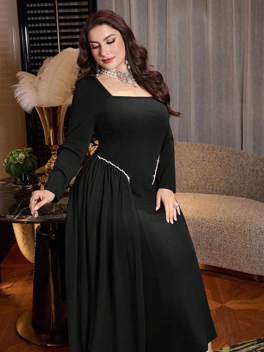 Modelyn Elegantes einfarbiges Kleid mit quadratischem Ausschnitt, Langarm, Perlendekor an der Taille, Chiffon, Normalgröße, für Frühling und Herbst, Große Größen - Schwarz - Übersicht 1