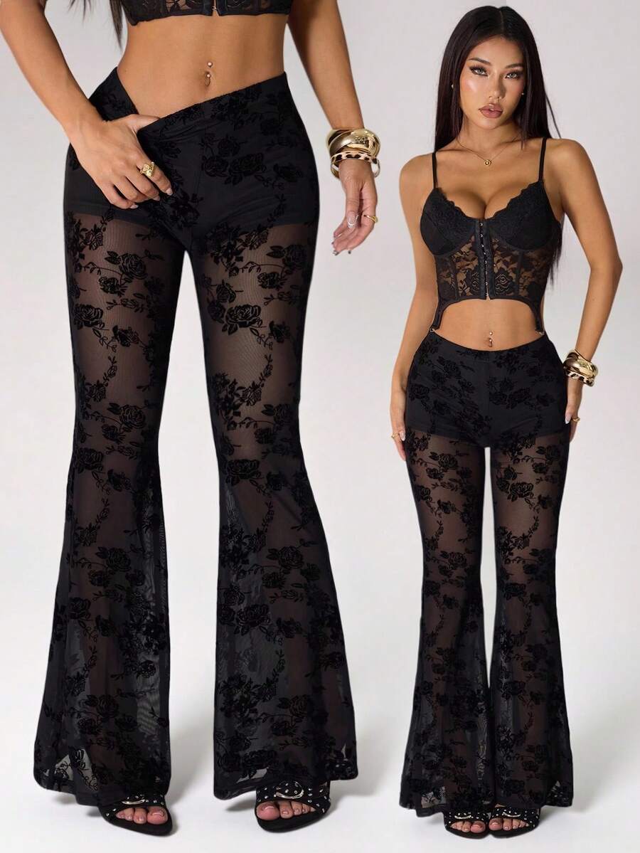 SHEIN PETITE Quần ống loe lưới xuyên thấu gợi cảm dành cho nữ, màu đen.