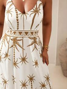 Veslaya Plus Size Women Palm Tree Print Casual Vacation Sleeveless Dress, Suitable For Summer Elegant Dress - Multicolor - View 5