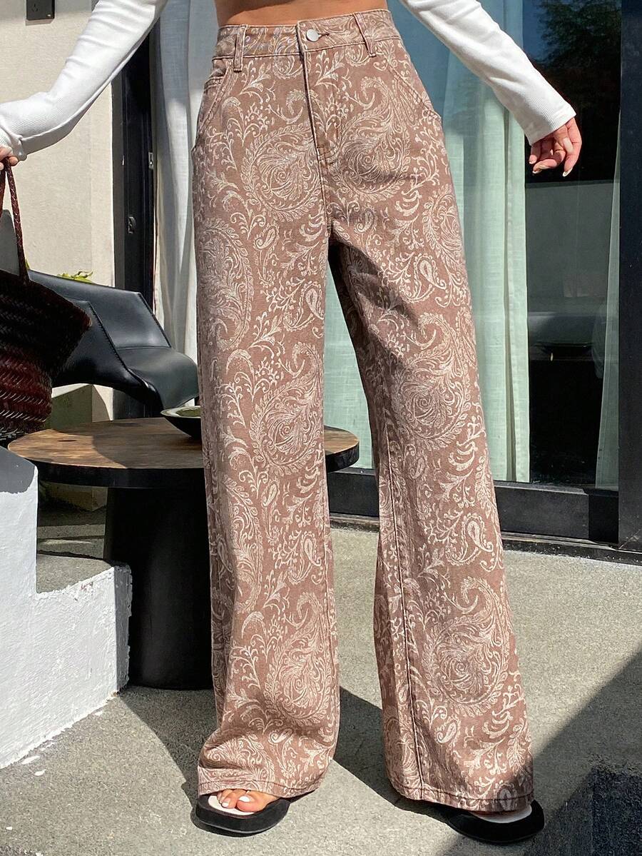 DAZY All-Over Print Slant Pocket Casual Wide Leg Jeans Summer - Brown - View 1