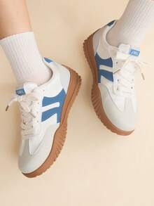CUCCOO EASI Contrast Color Solid Preppy Casual Gym Sneakers For Women, Lace-Up Brown Patchwork Flat Casual Shoes, Retro Fashion Outdoor Sports Running Shoes - Blue - View 5