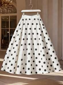 SHEIN Franclia Elegant Commuting & Everyday All-Match Versatile Polka Dot Flared Long Skirt For Women - White - View 2