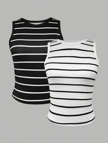 Resyla 2pcs Women's Black And White Striped Camisole Set - Black and White - View 3