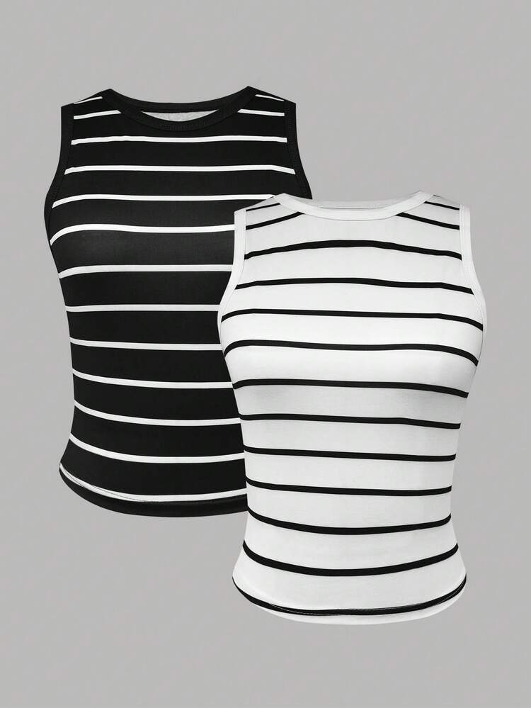 Resyla 2 piezas Conjunto de camisetas de tirantes a rayas blancas y negras para mujer - Blanco y Negro - Añade 3