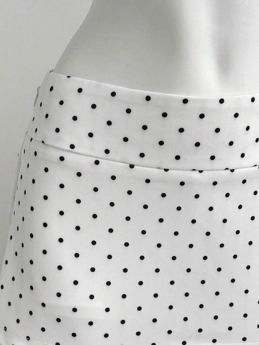 SHEIN Unity 女士夏季浪漫波点印花迷你裙，百搭日常穿着，适合校园/学校风格，黑白裙裤，女士短裙，黑白短裤，泳装裙 - 白色 - 查看 1