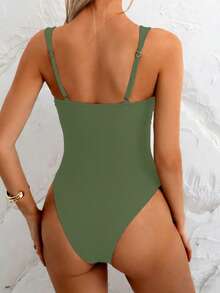 SHEIN Swim Traje de baño de una pieza sexy de corte alto de unicolor para vacaciones en la playa - Verde - Ver 2