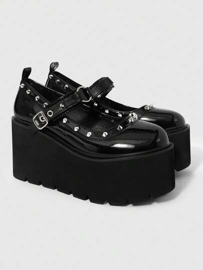 ROMWE Grunge Punk Women Shoes Fashion Platform Shoes, Retro Round Toe Buckle Double Belt Flower Rivet Decoration, Casual Vacation Nightclub Party Commute Office