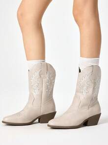 ROMWE Fairycore Women's White Western Boots, Pointed Toe Chunky Heel V-Cut Leather Boots, Low Heel Embroidered Knee-High Boots And Ankle Boots Y2K 2000s Style - Off-white + white embroidery - View 3