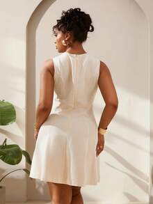 Veslaya Robe de soirée/sortie à col rond de couleur unie pour femmes grandes tailles, convient pour l'été - Kaki - Voir 3