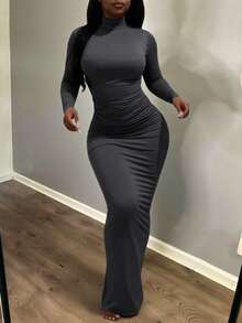 INAWLY Women's Fashionable Sexy Solid Color Slim Fit Dress - Dark Grey - View 4