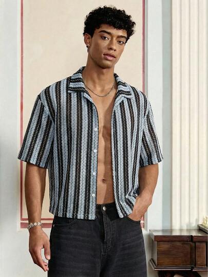 SWAVVY 男士纹理条纹短袖衬衫，春夏款