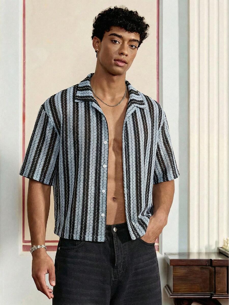 SWAVVY Men's Textured Striped Short Sleeve Shirt, Spring/Summer - Blue - View 1