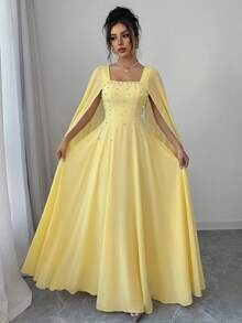 Elenzga Đầm chữ A cổ áo choàng, chất liệu chiffon phối nhiều mảnh, đính ngọc trai và đá pha lê, thanh lịch và lãng mạn, thích hợp cho khách dự đám cưới, tiệc tùng hoặc hẹn hò. - Vàng nhạt - Xem 3