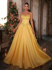 Glamrae 优雅的黄色无肩带连衣裙，饰有奢华的手工串珠和水钻，蓬松的裙摆，可调节的系带后背，适合约会、海滩度假、生日、派对、婚礼、毕业典礼、正式场合等各种场合。 - 黃色 - 查看 5