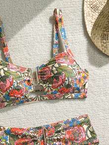 Swim Chiccia 2026春夏彩色花卉粗肩带可调节金色U型装饰高腰亮片设计女士优雅比基尼两件式泳衣 - 彩色 - 查看 7