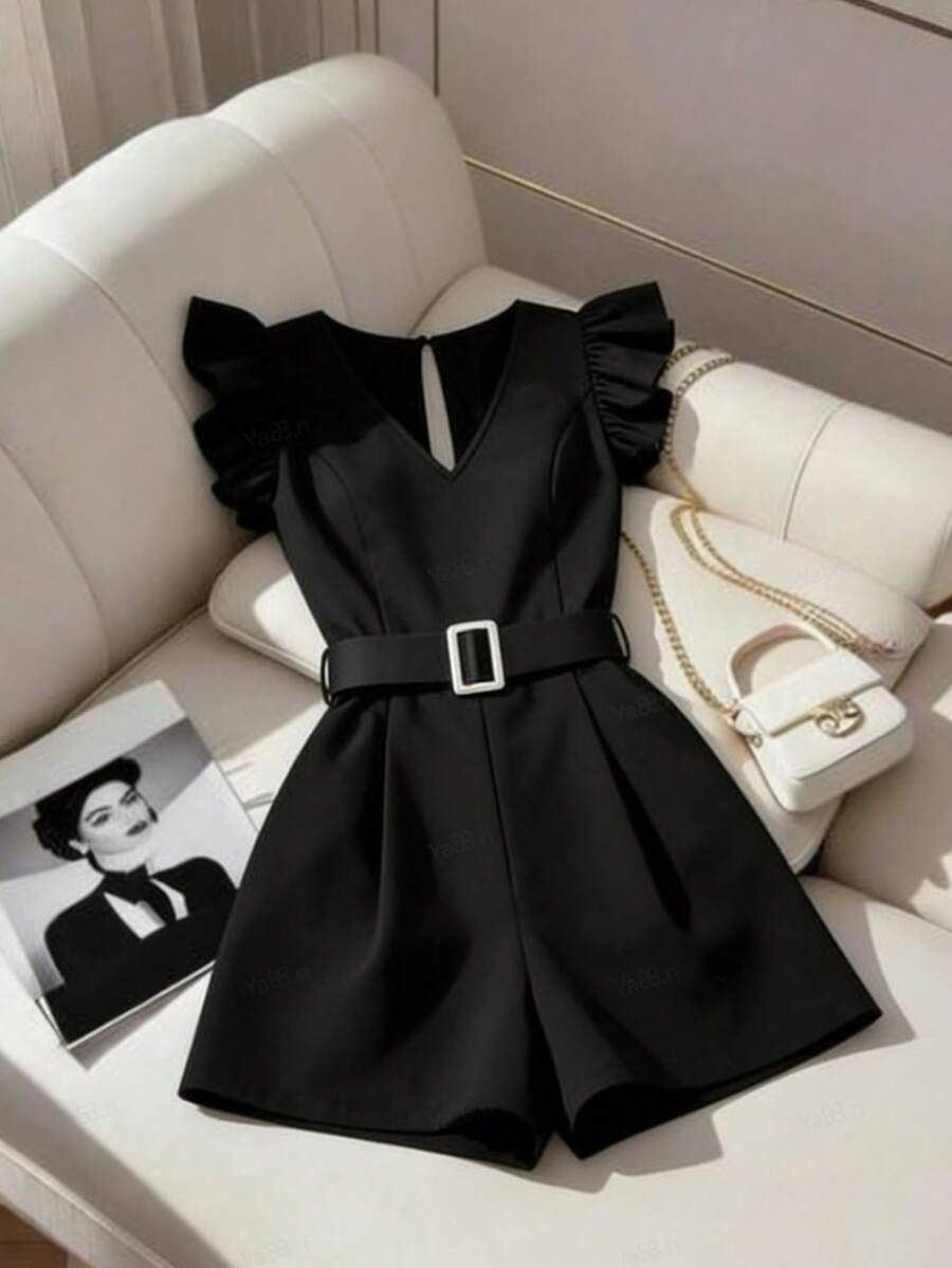 Endroma 女士梭织V领短袖金属扣收腰休闲连体裤 - 黑色 - 查看 1