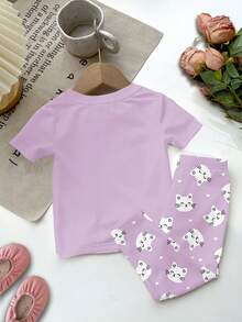 Baby Girl Cute Purple Holiday Summer Clothes,Cartoon Animal Cat Print Round Neck Short Sleeve Top And Pants 2pcs Snug Fit Homewear Set,Kids Fashion - Multicolor - View 4